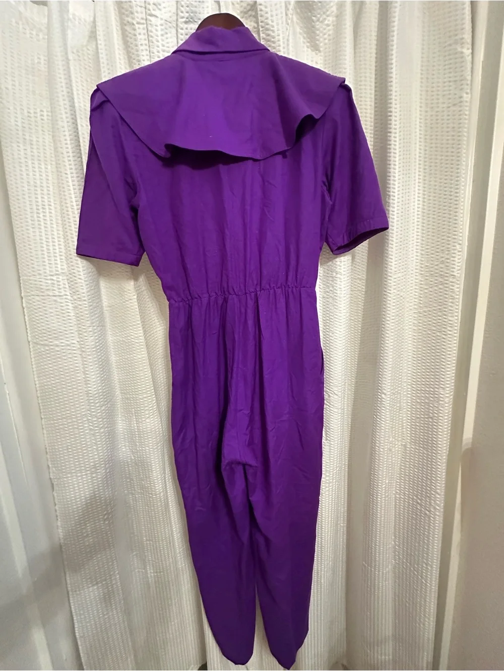 Vintage Tailored Short-Sleeve Purple Jumpsuit with Shawl Collar